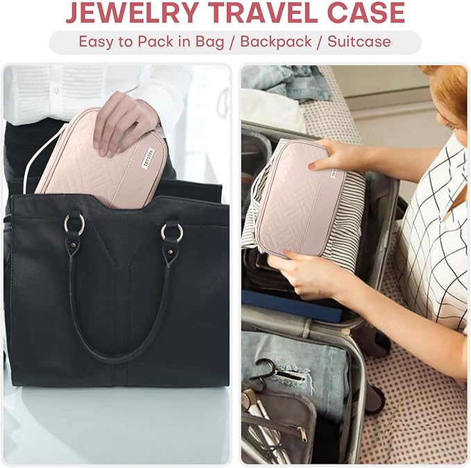 Jewelry Travel Case Organizer for Necklaces, Earrings, Rings, Bracelet, Watch, Soft Sided, Pink