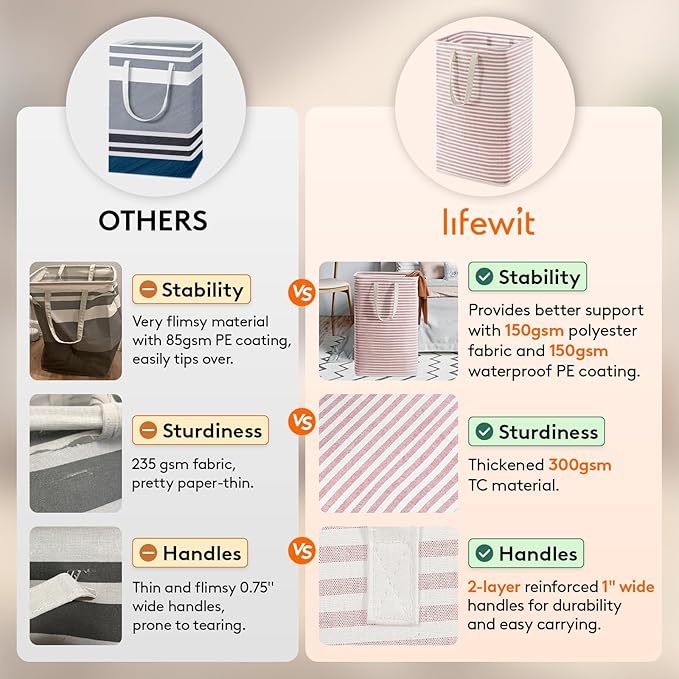Lifewit 2 Pack Laundry Hamper Large Collapsible Laundry Baskets, Freestanding Waterproof Clothes Hamper with Easy Carry Handles in Laundry Room Bedroom Bathroom College Dorm for Adults, Pink, 2 x 80L