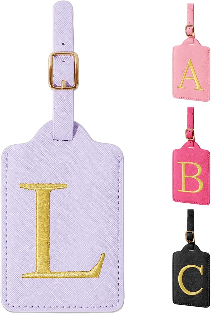 Personalized Initial Luggage Tags for Suitcase, Purple Leather Cute Luggage Tags with Privacy Cover Name Card, Embroidered Custom Monogrammed Luggage Tag Travel Backpack Tags Gifts for Women Kids(L)