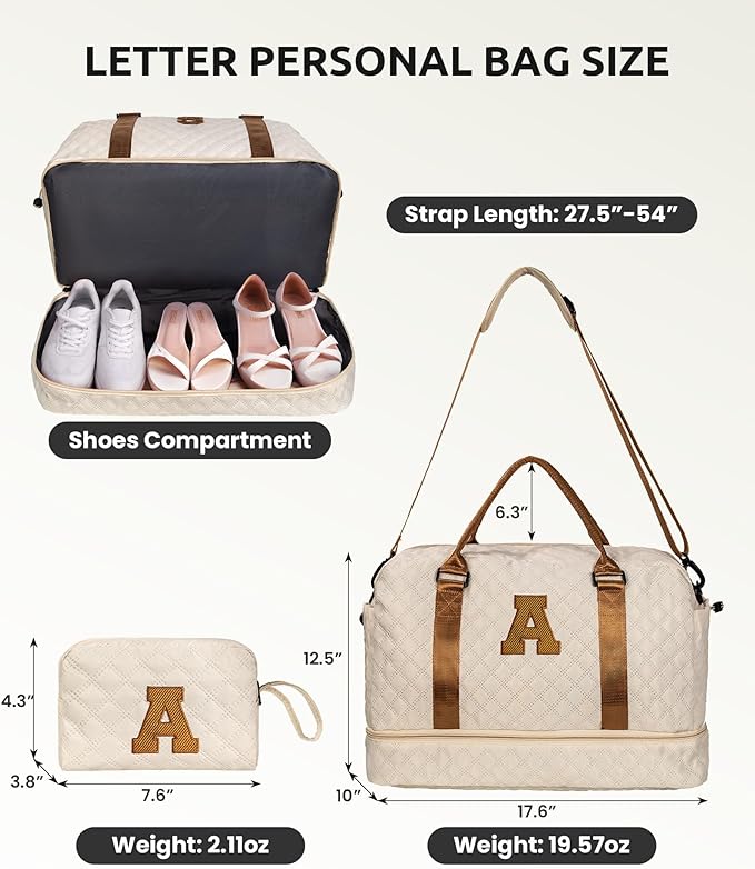 Initial Duffle Travel Bag, Personalized Weekender Bag with Shoulder Strap, Monogram Overnight Bag for Women Wet Pocket, Letter Travel Bag with Makeup Bag Gifts for Friends Female (Letter W)