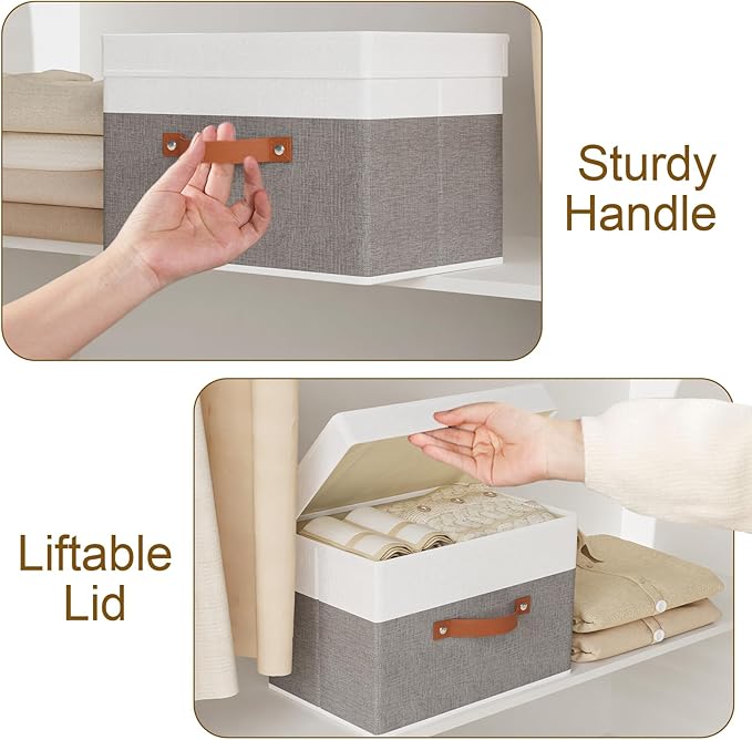 Fabric Storage Boxes with Lids, Linen Foldable Cloth Baskets, 17.7 x 11.8 x 11.8 Inch Closet Organizer Containers with Double Handles, Sweater Bins for Bedroom, White and Grey, 5 Pack