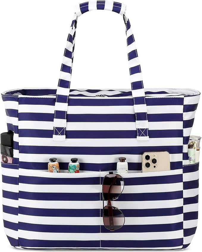 LEDAOU Beach Bag Waterproof Sandproof Women Tote Bag Pool Bag with Zipper for Gym Grocery Travel with Wet Pocket