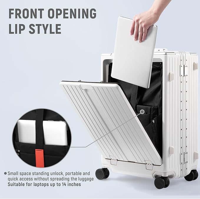 UrbanExplorer 20 Inch Carry On Luggage TSA Approved, Aluminum Frame Zipperless Luggage Carry On with Compartment for Short Trips, ABS+PC Hard Shell Suitcases with Spinner Wheels, White
