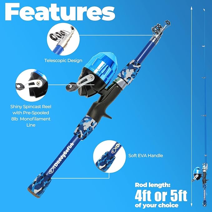 DaddyGoFish Kids Fishing Pole - Rod Reel Combo Tackle Box Starter Set - First Year Small Gear Kit for Boys Girls Toddler Youth Age Beginner Little Children