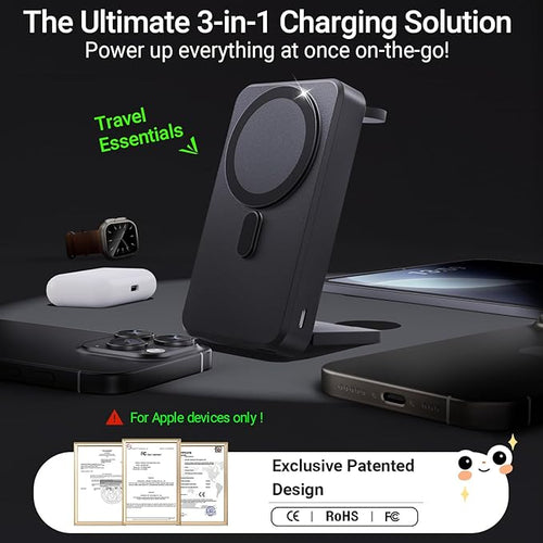 3-in-1 Portable Charger, 10000mAh Foldable Power Bank Fast Charging,MagSafe Charger Battery Pack Magnetic,Travel Wireless Charging Station for iPhone 16/15/14/13/12,iWatch, Air pods, Black