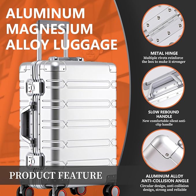 WEICHEN All Aluminum Magnesium Carry On Luggage with Duffle-Travel Bag, 22x14x9 Airline Approved 20 Inch Hard Shell Suitcase with Spinner Wheels and TSA Lock