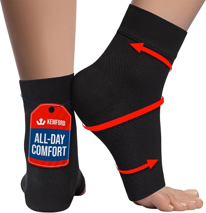 KEMFORD Ankle Compression Sleeve - Plantar Fasciitis Braces - Open Toe Compression Socks for Swelling, Sprain, Neuropathy, Foot Arch Support for Men and Women - 20-30mmhg, 2XL, Black