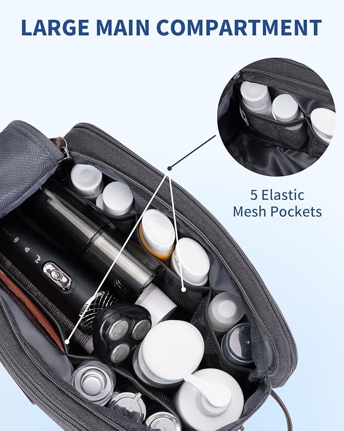 WANDF Toiletry Bag for Men Travel Toiletry Organizer Canvas and Leather Dopp Kit Water-Resistant Shaving Bag for Travel Accessories (Grey, Large)