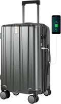 KROSER Hardside Expandable Carry On Luggage with Spinner Wheels & Built-in TSA Lock, Durable Suitcase Rolling Luggage with USB Port, Carry-On 20-Inch, Steel Grey