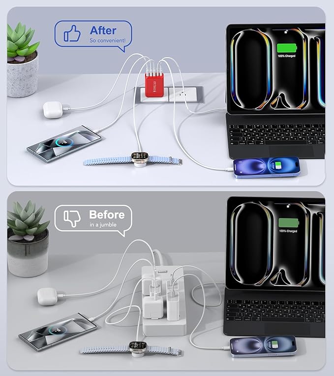 50W USB C Wall Charger, 2Pack 5-Port C Charger Fast Charging Block PD Power Adapter +QC 3.0 Multiport Type C Box Brick Cube USB A Wall Plug for iPhone 16/15/14/13 Pro Max, iPad,Samsung Galaxy(Red)