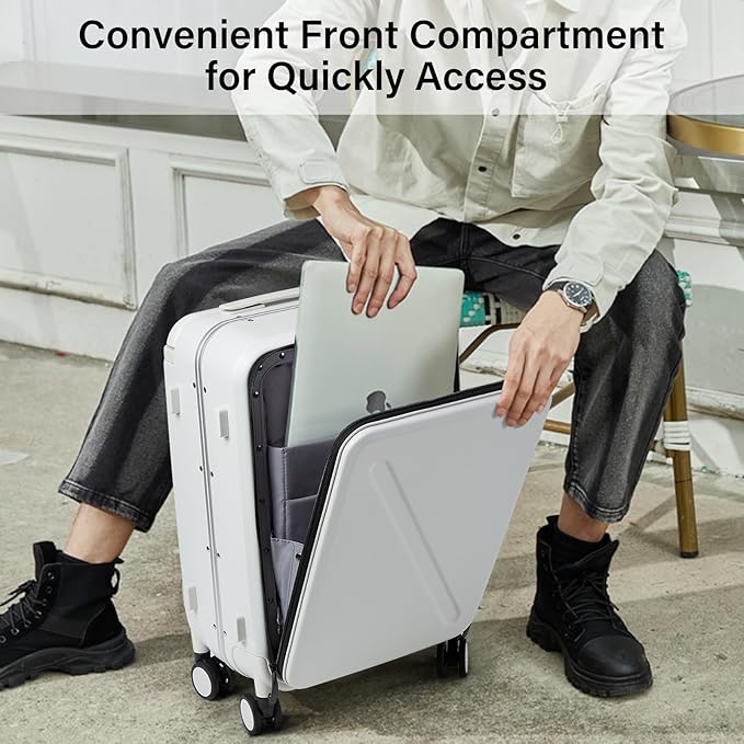 MILADA Wide Handle Carry On Luggage with Front Pocket Hardshell 20 Inch Front Opening Luggage with Spinner Wheels TSA Lock Aluminium Suitcase Airline Approved Carry-On Travel Luggage, White