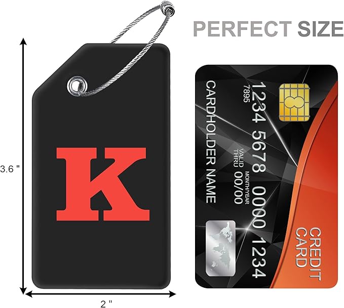 8 Pcs Luggage Tags for Suitcases, 26 Initial Letter Travel Luggage Baggage Identification Labels ID Tags Fully Bendable Tags with Stainless Steel Loop (Letter K, Black)