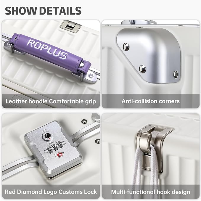 Aluminium Frame Checked-Luggage with Smooth Jelly Wheels, Hardside Zipperless Rolling Suitcase with TSA Lock (WhitePurple, 24-Inch)