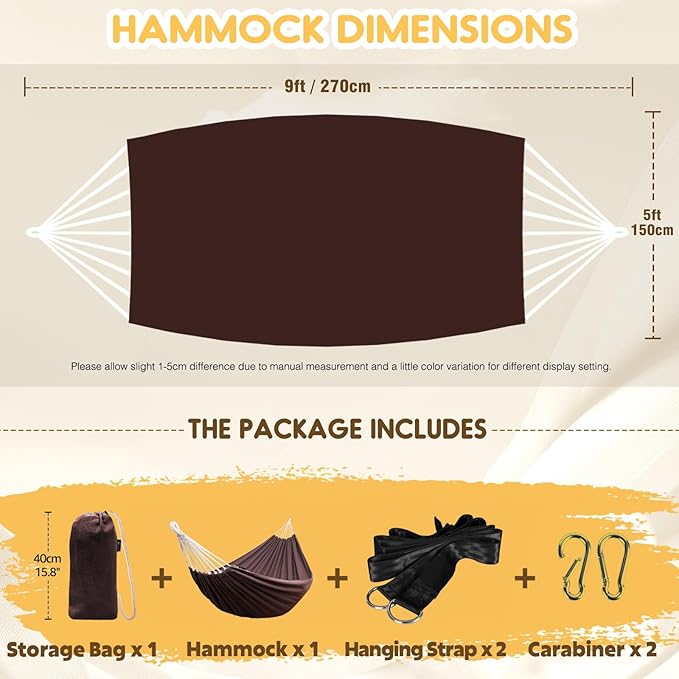 ANYOO Cotton Hammock Portable Camping Hammocks for Hanging Sturdy Garden Comfortable Fabric Hammock with Tree Straps Up to 660lbs with Travel Bag for Camping Outdoor/Indoor Patio Backyard