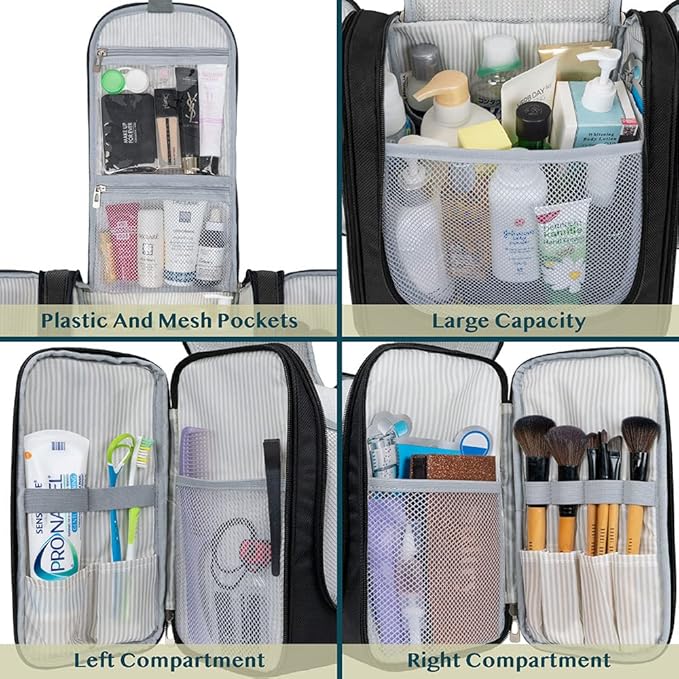 PAVILIA Extra Large Toiletry Bag Travel Bag for Women Men, Hanging Cosmetic Organizer, Water Resistant Makeup Bag for Accessories Toiletries, Travel Essentials Kit (Black)