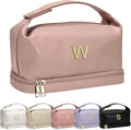 Makeup Bags Personalized Bags with Handle, Waterproof Double Layer Cosmetic Bag, Large Capacity PU Leather Makeup Bags Letter Travel Toiletry Bag with Makeup Brush Organizer
