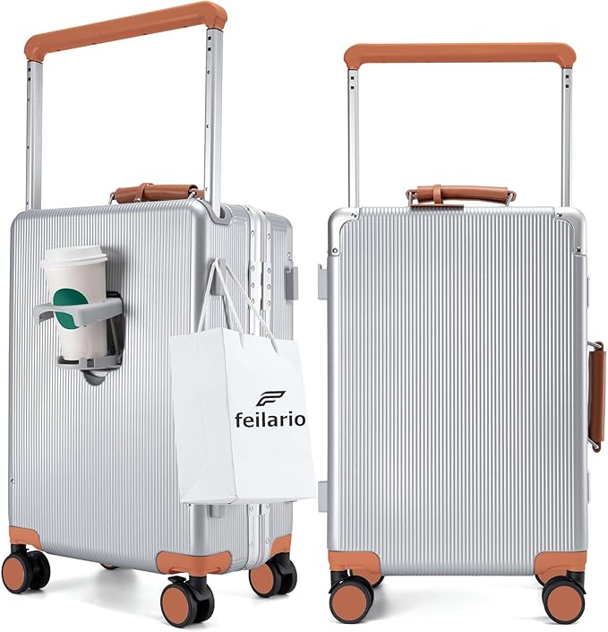 feilario 20'' Aluminum Frame Wide Handle PC Hardside Carry On Luggage - Double Spinner Wheels Luxury Rolling Travel Suitcase with TSA Lock & Cup Holder