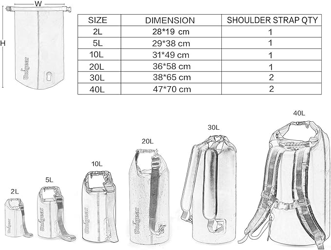 Unigear Dry Bag Waterproof, 2L/5L/10L/20L/30L/40L Floating and Lightweight Bags for Kayaking, Boating, Fishing, Swimming and Camping with Waterproof Phone Case