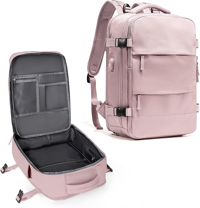 coowoz Large Travel Backpack For Women Men,Carry On Backpack Flight Approved,Hiking Backpack Waterproof Outdoor Rucksack Casual Daypack Fit 15.6 Inch Laptop Shoes Compartment (Pink Purple-L)