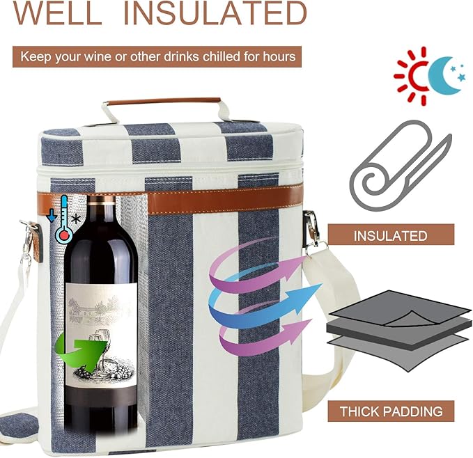 Zormy 3 Bottle Insulated Wine Tote Cooler Bag, Portable Carrier with Corkscrew Opener and Shoulder Strap for Beach Travel Picnic, Unique Carrier