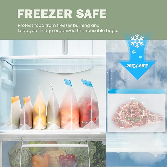 IDEATECH Reusable Bags Dishwasher Safe, BPA Free Reusable Freezer Bags Stand Up, Leakproof Silicone Bags for Food Storage Containers, Salad Fruit,Vegetables,Traval, Home Organization -Gray 6 Gallon