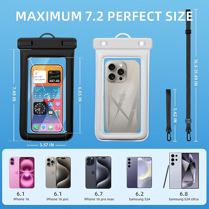 IPX8 Floating Waterproof Phone Pouch 2-Pack,7.2 Inch Waterproof Pouch for iPhone16/15/14 Pro Max Galaxy S24/S23 Adjustable Lanyard + Wrist Strap Beach Swimming Travel Essentials Black White