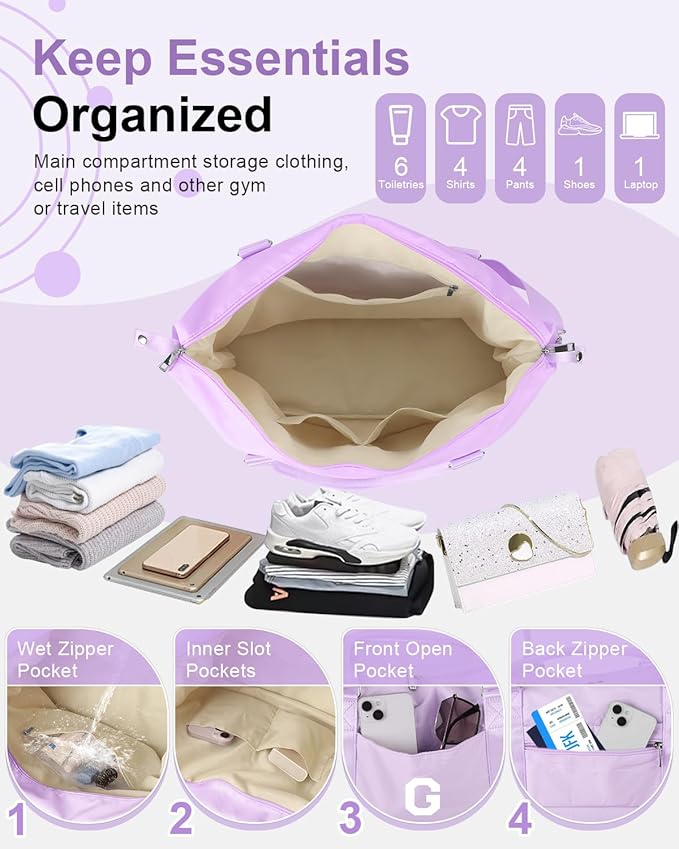 Daughter Niece Gifts for Teen Girl Kids, Initial Travel Duffel Bag Sports Gym Bag Personalized Gifts Weekender Bag，Monogram Overnight Bag Cute Dance Bag Birthday Bridesmaid Gifts for Women(Purple, G)