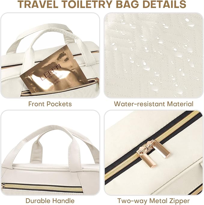 Hanging Toiletry Bag for Women Travel, 2 Sizes Large & Small Waterproof Cosmetic Organizer with 4 Compartments, Rotating Hook, Foldable Pink Travel Bag for Toiletries & Makeup - Large Beige