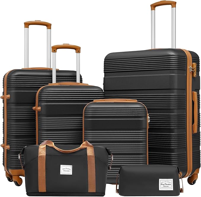 LONG VACATION 6 Piece ABS+PC Hardshell Luggage Set with Spinner Wheels, Lightweight suitcase set with TSA Lock & YKK Zipper