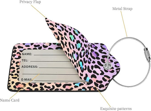 2 Pcs Luggage Tags for Suitcases,PU Leather Cruise Ship Luggage Tags with Privacy Cover Label Address Card and Durable Metal Ring Suitable for Men Women Children Handbags Backpacks,Gradient Leopard