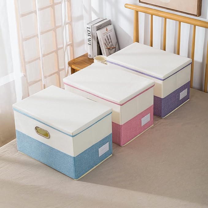 PRANDOM Collapsible Storage Bin with Lid [3-Pack] Fabric Foldable Storage Box Organizer Container Basket Cube with Cover for Home Bedroom Closet Office Nursery Blue&Cream(14.9x9.8x9.8)