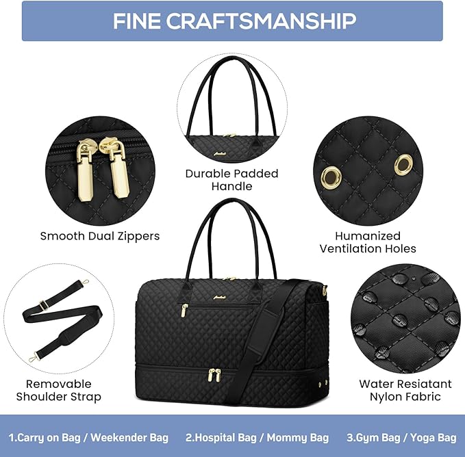 Travel Weekender Bags for Women - Duffle Bag Women with Shoe Compartment Carry On Overnight Bag with Toiletry Bag Duffel Bags with Wet Pocket for Gym Hospital Bags for Labor and Delivery Black