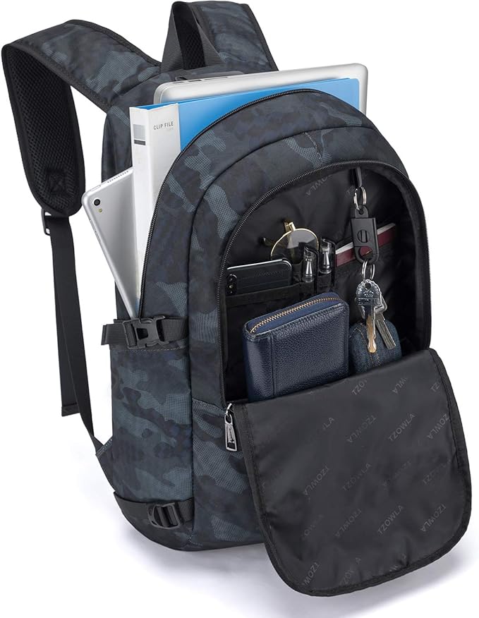 Tzowla Business Laptop Backpack Water Resistant Anti-Theft Backpack with USB Charging Port and Lock 15.6 Inch Computer Backpacks for Women Men, Casual Hiking Travel Daypack (Navy Blue Camo)