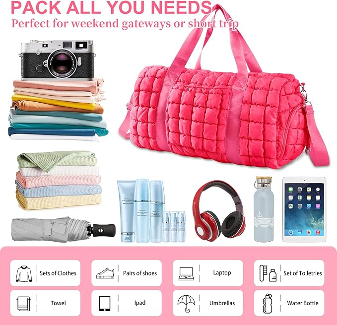Quilted Travel Duffle Bag Gym Bag for Women,Large Puffer Duffle Weekender Bag with Compartment,Workout Overnight Carry on Organizer Bag Duffle Bag for Airplane Travel(Rosered)