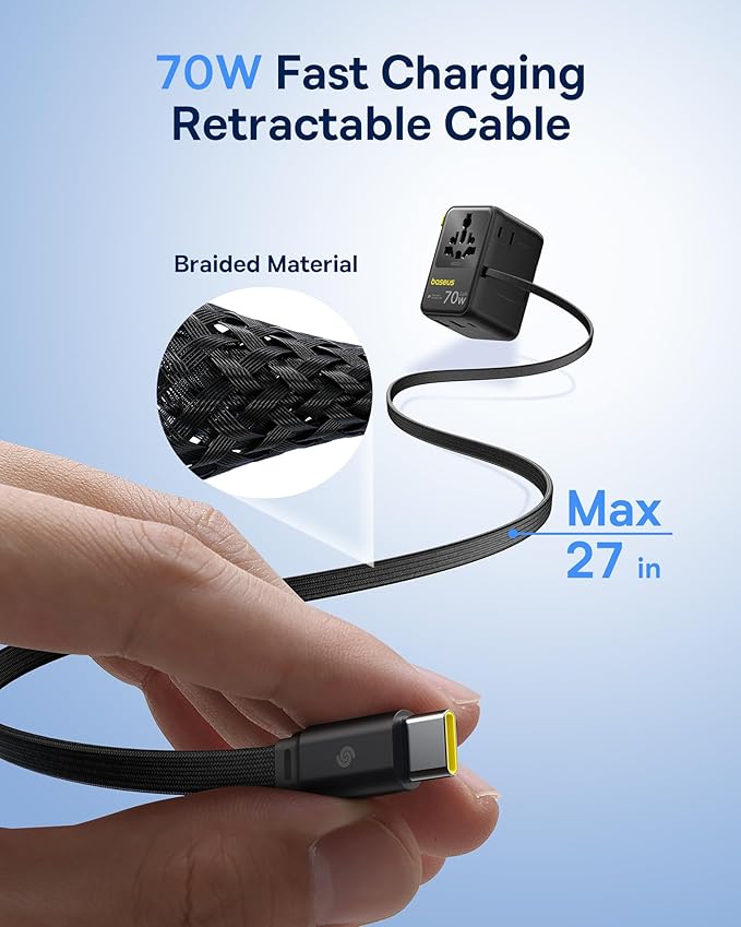 Baseus 70W Universal Travel Adapter and Baseus 100W Retractable USB C Cable