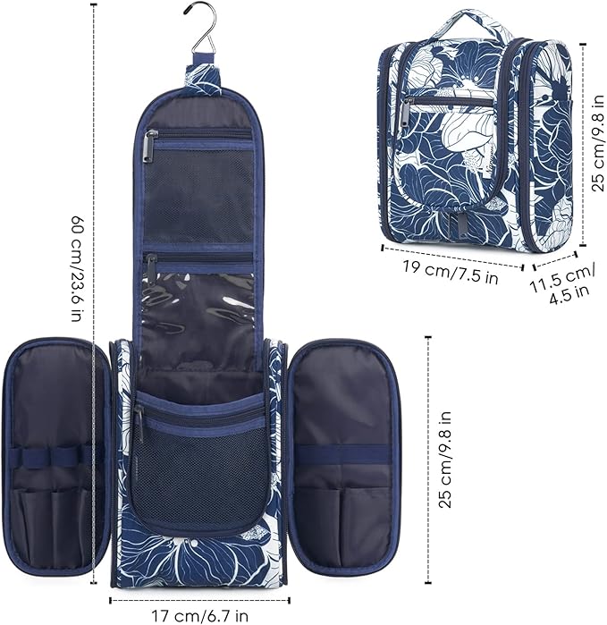 Narwey Small Hanging Travel Toiletry Bag Cosmetic Make up Organizer for Women and Men (Medium, Blue Lotus)