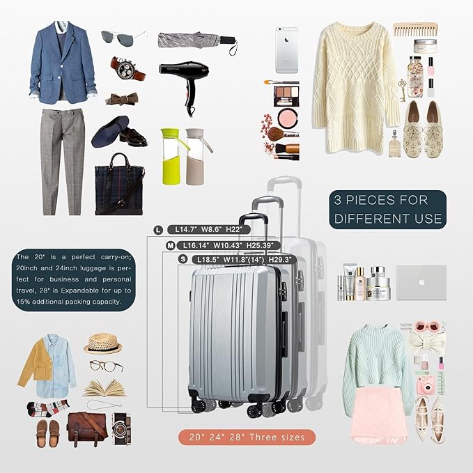 Coolife Luggage Suitcase PC+ABS with TSA Lock Spinner Carry on Hardshell Lightweight 20in 24in 28in (grey, L(28IN))