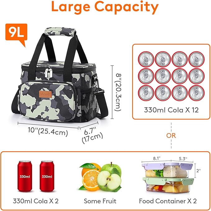 Lifewit Medium Lunch Bag Insulated Lunch Box Soft Cooler Cooling Tote for Adult Men Women, Camouflage 12-Can (9L)