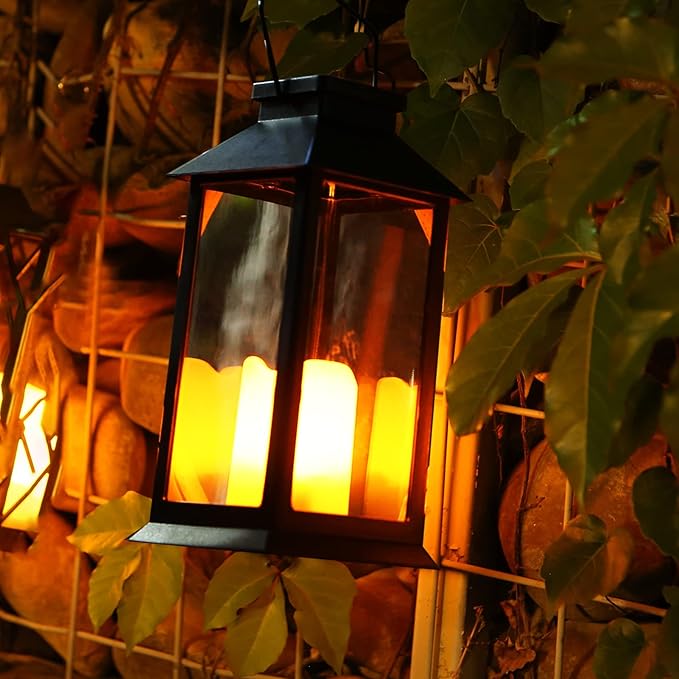 2 Pack Solar Lanterns, Outdoor Garden Hanging Lanterns, 11.8 Inch LED Flickering Flameless Candle Mission Lights for Yard, Table, Patio (Black)