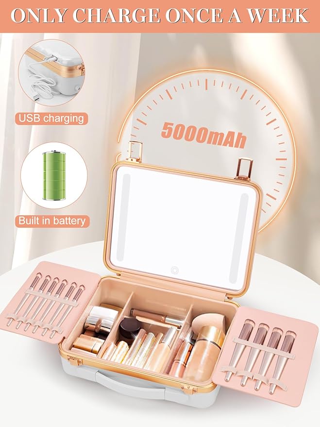 Kalolary Travel Makeup Train Cases with Lighted Mirror 3 Color Setting, Makeup Bag Cosmetic Case Organizer Adjustable Brightness Portable Makeup Storage Box For Makeup Brushes Accessories Tools,White