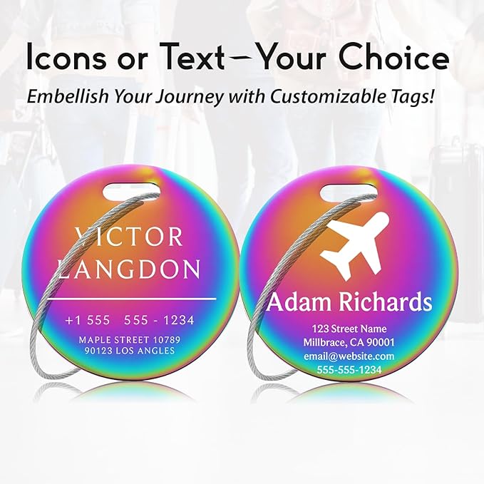 Custom Stainless Steel Luggage Tags: Personalize Your Suitcases, Backpacks, and Bags with Your Text (Rainbow) Elegant Circle-Rainbow
