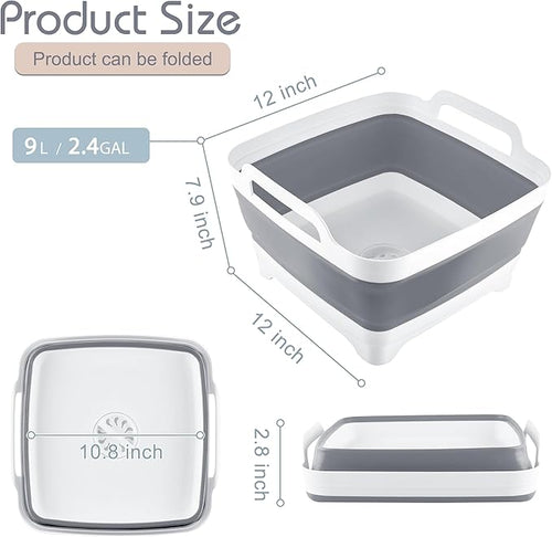 2.4 Gal(9L) Collapsible Dish Basin with Drain Plug - Multiuse Foldable Wash Basin for Baby Bottles, Space-Saving Multiuse Dish Tub, Kitchen Sink for Camping, Dishes Washing, RV (Gray)