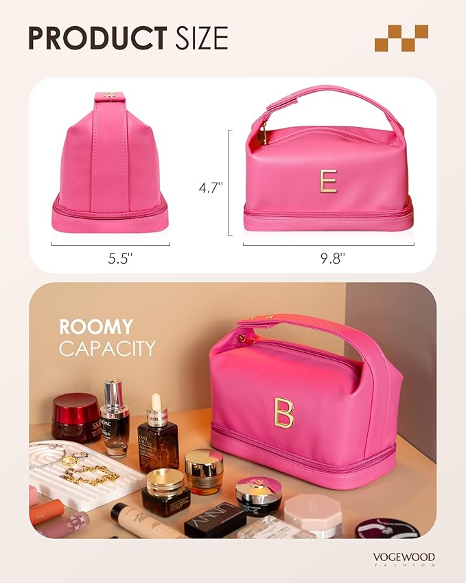 Appreciation Gifts for Her, Personalized Makeup Bag with Handle, Initial Double Layer Cosmetic Bag with Makeup Brush Organizer, Cute Cosmetic Pouch for Women, Gift Ideas for Teen Girls