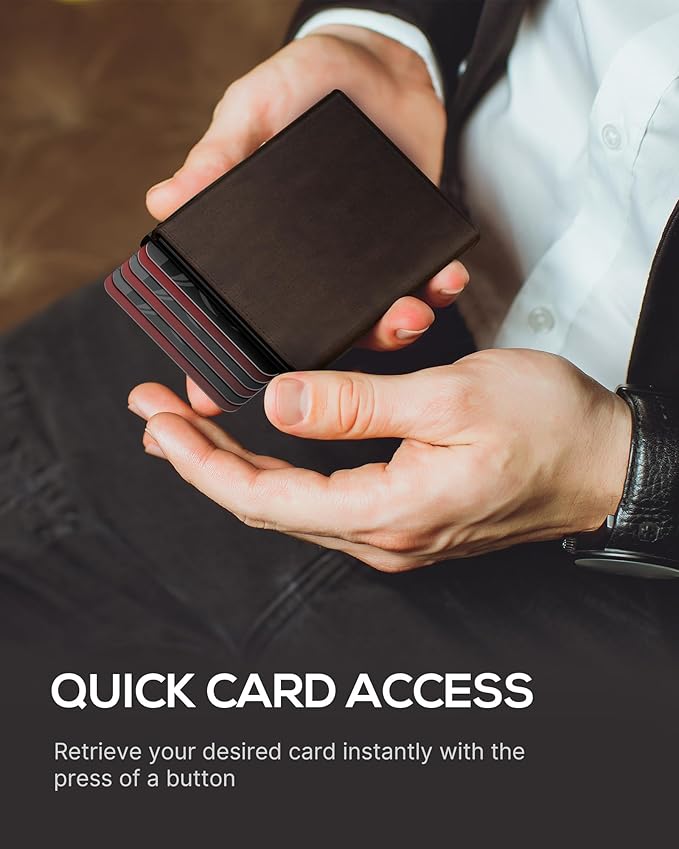 Mens Wallet Card Holder - Smart Wallet for Men, Pop Up Card Case, Top Grain Leather, RFID Blocking, Slim, Minimalist, Ultra-Thin, Front Pocket, 12 Card Capacity | ID Window | Cash Slot (Brown)