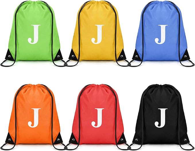 ZOMFELT 6Pcs Drawstring Backpack Drawstring Gym Bags, Foldable Draw String Backpack with Multiple Colors and Letters, Lightweight Polyester Cinch Bag for Gift, Beach, Sports, Travel, Swim (Letter J)