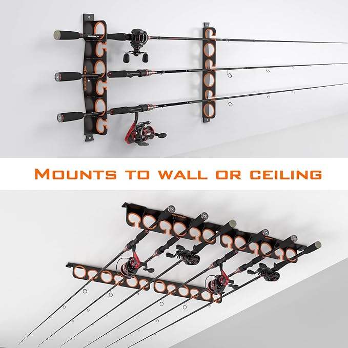 KastKing SafeGuard Fishing Rod Holder for Garage, Wall or Ceiling Mounted Fishing Rod Rack Storage Organizer, Fishing Pole Holder Holds 12 Rods or Combos in Less Than 36 Inches