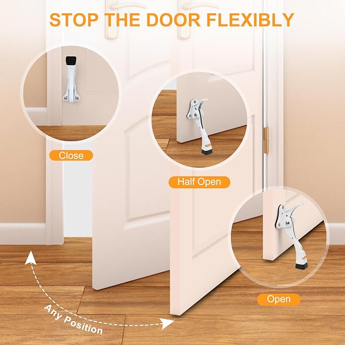 Kick Down Door Stoppers for Bottom of Door, Heavy Duty Kickdown Door Stop, Adjustable Door Stoppers (4 Inch x 1 Pack, White)