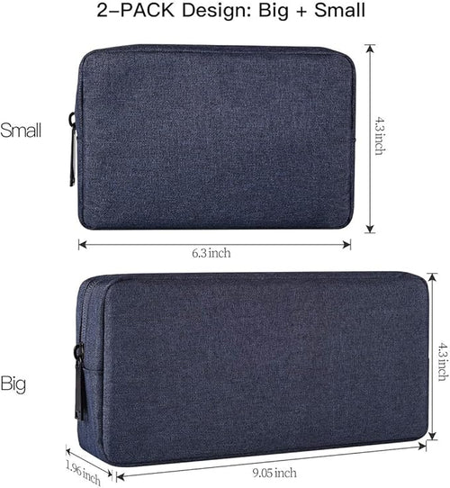 2-Pack Portable Storage Pouch Bag, Universal Electronics Accessories Case Cable Organizer Compatible with Hard Drive, Laptop Mouse, Power Bank, Adapter, Cellphone, Cosmetics (Small+Big-Navy Blue)