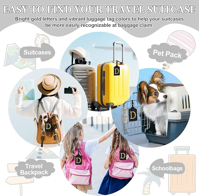 Personalized Initial Luggage Tags for Suitcase TSA Approved, Black Leather Cute Luggage Tag with Privacy Cover Name Card, Embroidered Custom Luggage Tags Travel Backpack Tags Gifts for Women Kids(D)