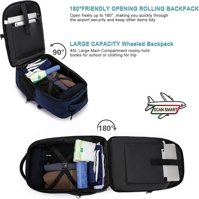 Rolling Backpack for Adults, 17inch Laptop Travel Backpack with Wheels Waterproof Roller Backpacks for Women Men Student Large College Business Suitcase Carry on Luggage Bag Wheeled Bookbag, Blue